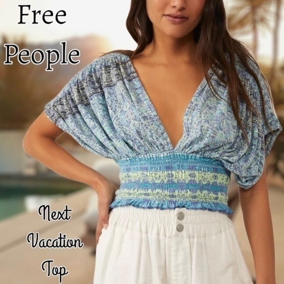 Free People Tops - FREE PEOPLE Next Vacation Deep V-Neck Open Back Smocked Waist Top NWT/MD